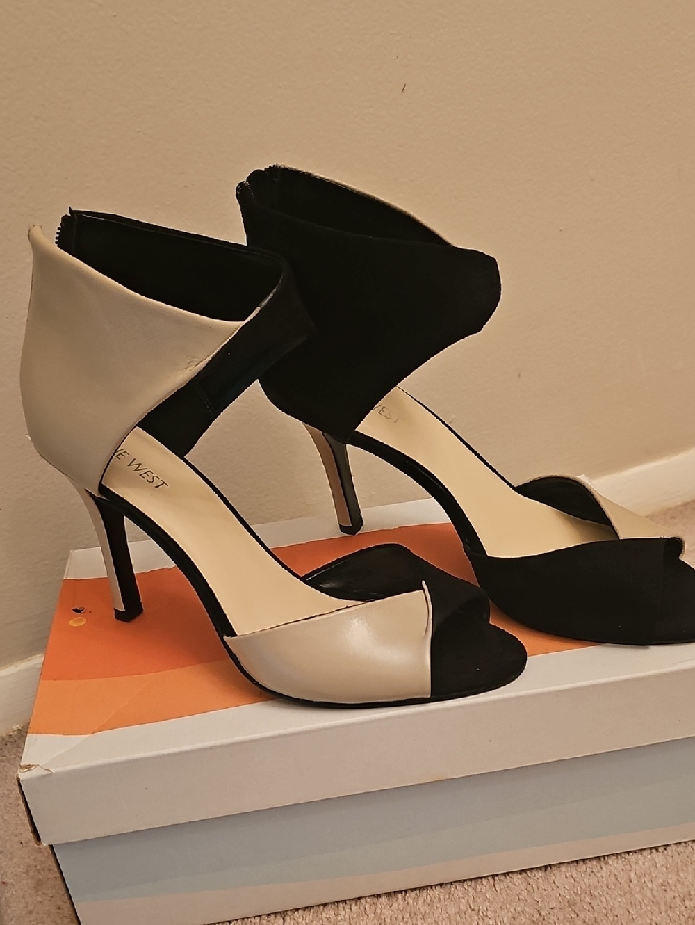 Nine West Black and Cream Two-Tone Open-Toe Heel